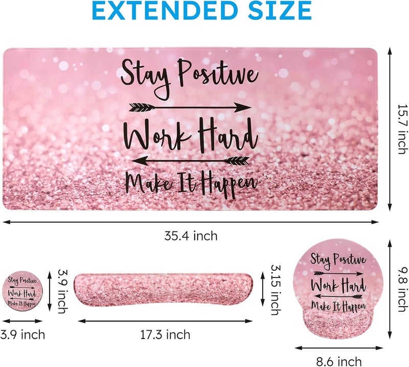 iCasso Mouse Pad,Large Pink Desk Mat Set, 4in1 XXL Mousepad + Keyboard Wrist Rest+Mouse Wrist Rest+Coaster with Ergonomic Desk Pad for Home Office Table Computer Cover -Pink Stay Positive - Image 2